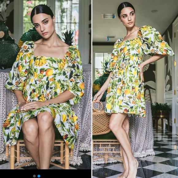 Cara Cara Sip Sip White Puff Sleeve Dress in Banana Fruit Print - S - Picture 3 of 8